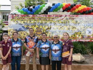 School captains Ryan Iselin and Sienna Eizenberg (far left and right) with Mununjali Elders Aunties Geraldine Page, Janis Page and Sue Blanco and Mununjali Housing General Manager Brad Currie (centre)