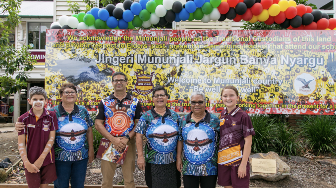 School captains Ryan Iselin and Sienna Eizenberg (far left and right) with Mununjali Elders Aunties Geraldine Page, Janis Page and Sue Blanco and Mununjali Housing General Manager Brad Currie (centre)