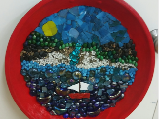 A decorated frypan made by Jan Skelton in the mosaics group will be displayed at Open Day.