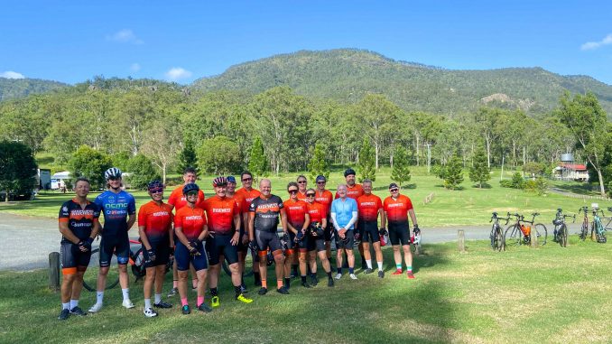Locals Jo Perry (third from left) and Ken Ardrey (fourth from right) on the RideWest training ride. Image supplied.