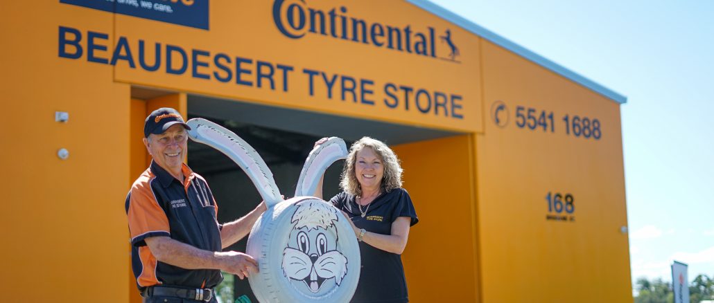 Len Bundy and Maureen Ball with their Easter Bunny made from tyres.