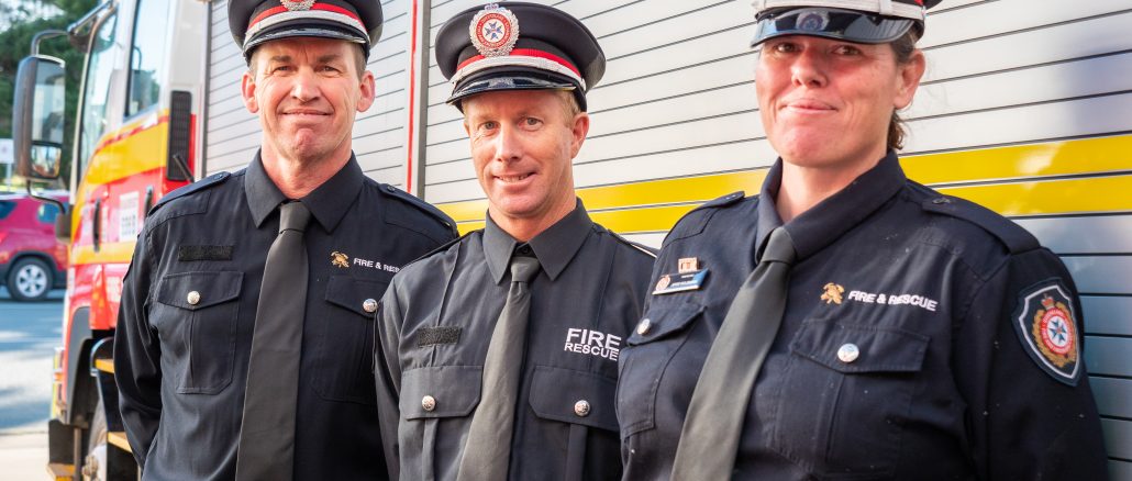 Graduating auxiliary firefighters Mark Doble, Chris Peterson and Jesse McLennan