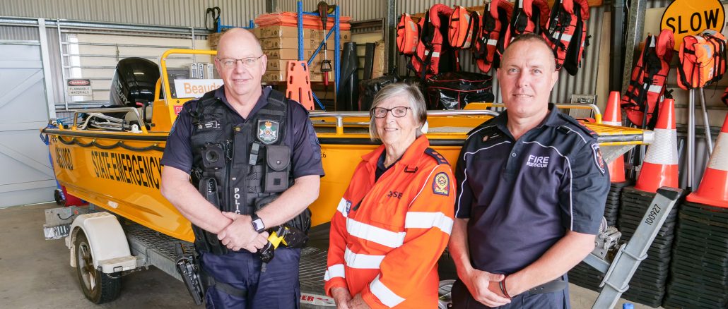 Beaudesert Police Officer in Charge, Senior Sergeant Adrian Burns, SES Beaudesert Group Leader Marg Brown and Beaudesert Fire and Rescue Captain Andy Rose.
