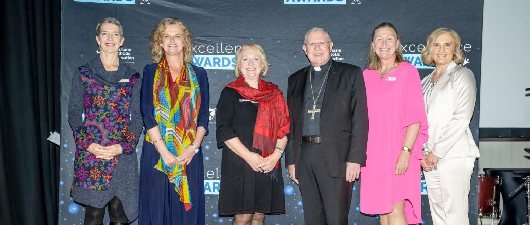 Archbishop's Award for Leadership winner Deidre Young (second from right) with finalist Catherine Galvin, BCE Executive Director Dr Sally Towns, finalist Claire McLaren, Archbishop Mark Coleridge and finalist Tammy McCartney. Supplied