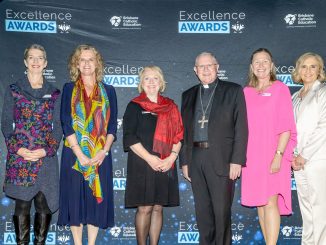 Archbishop's Award for Leadership winner Deidre Young (second from right) with finalist Catherine Galvin, BCE Executive Director Dr Sally Towns, finalist Claire McLaren, Archbishop Mark Coleridge and finalist Tammy McCartney. Supplied