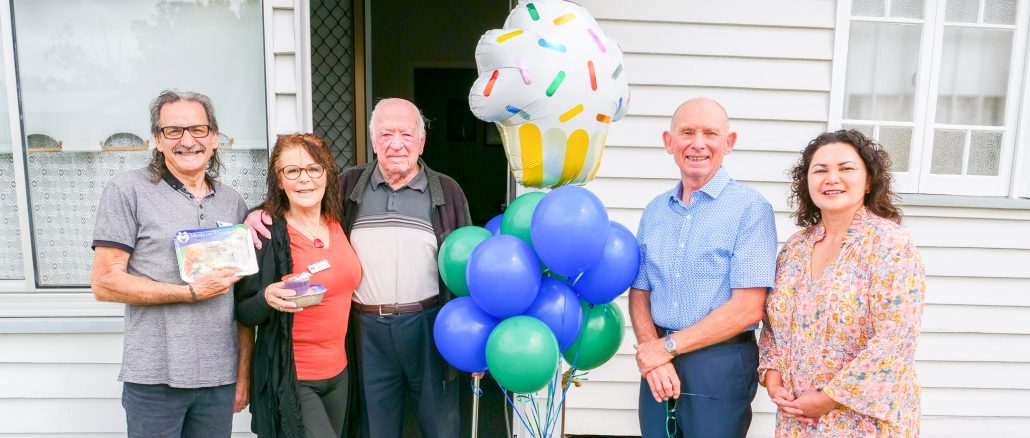 Meals on Wheels volunteers Rick Wilson and Linda Street, client Reg Ardrey, Patron and Life Member John Bartlett OAM and President Barb Ware-Crawford.