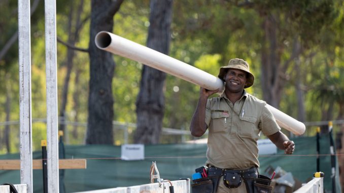 Sapper Donald Currie works on the construction of an Independent Youth Centre in Gapuwiyak, NT. Photo by Lucas Petersen.