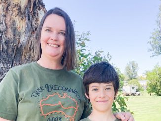 Lizz Hill with her son Rowan, ready to walk across Australia.