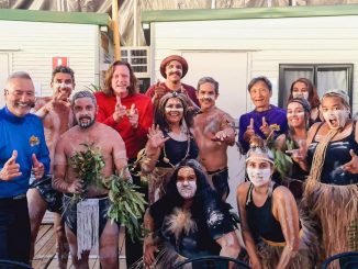 Mununjali Ngari and Mirrigingi Dancers pictured with several of The OG Wiggles at Falls Festival. Image supplied.