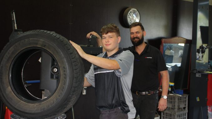 Jack Winford with Tom Harper at Beaudesert Tyre Store. Photo by Harry Johnson.