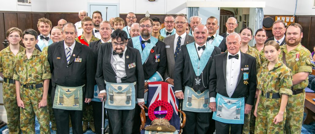 Beaudesert Freemasons, Australian Army Cadets and Deputy Mayor Jeff McConnell (to right of chair). Photo by Susie Cunningham.