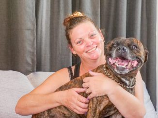 Roslyn Cameron and Tigger the Staffy. Photo by Susie Cunningham.