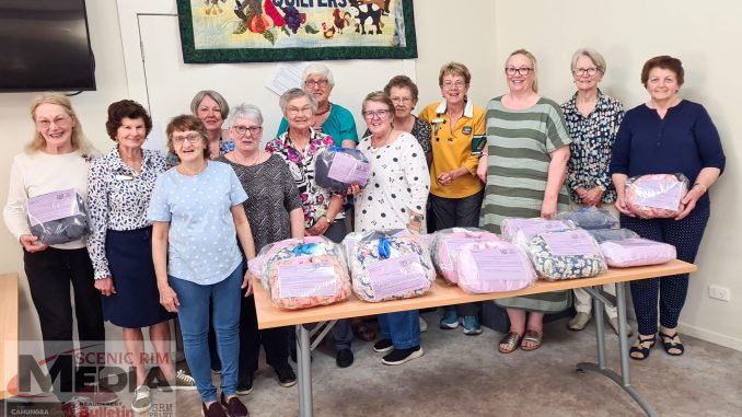 Members of Beaudesert Quilters and Zonta at the Breast Care Cushion Workshop. Image supplied.