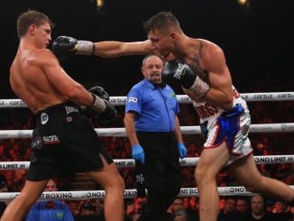 Nikita Tszyu takes a heavy punch by Dylan Biggs. Image supplied.