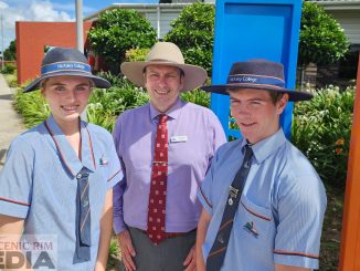 McAuley College vice-captains, Ciara Wright and Kyle Condrick, with their new school principal, Jason Pacey.