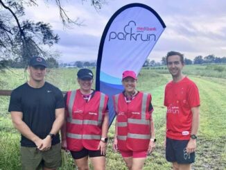 Spring Creek Development Manager Chris McKinnon Event Directors Melissa Frazer and Shelly Currie and parkrun Regional Event Ambassador Lachie Miners. Image supplied.