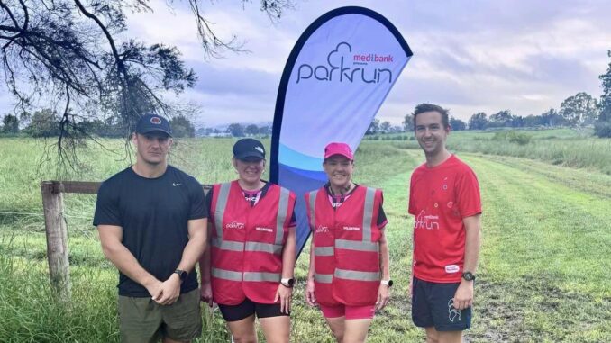 Spring Creek Development Manager Chris McKinnon Event Directors Melissa Frazer and Shelly Currie and parkrun Regional Event Ambassador Lachie Miners. Image supplied.