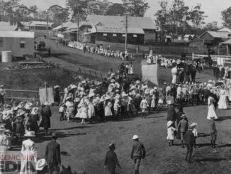Empire Day procession on the corner of Brisbane and William Streets Beaudesert 1908. Image supplied.