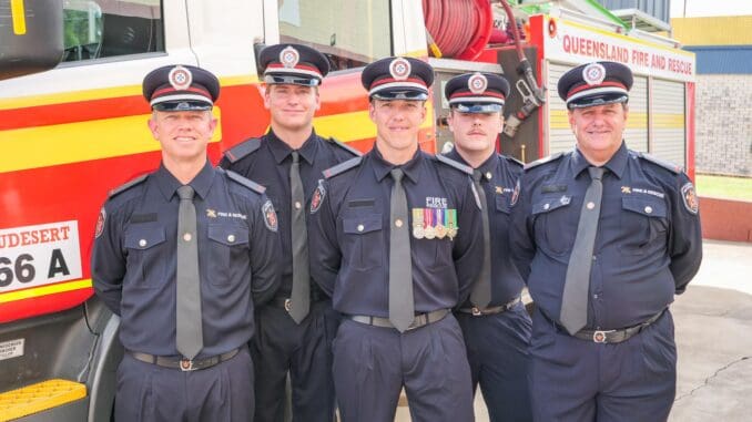 New auxiliary firefighters Ben Whibley, Bailey Muller, Beau Watson, David Martin and David Barry.