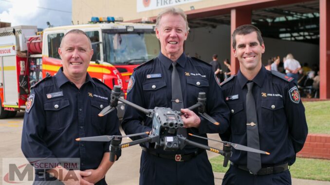 RPAS (drone) pilots Beaudesert Fire Captain Andy Rose, Boonah Fire Captain David Bland and Acting Lieutentant Chris Thompson.