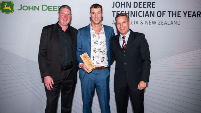 RDO Equipment’s, Phil Canning with Service Apprentice of the Year winner Daniel Barnes and John Deere Customer Support Business Manager, Marko Koelln.