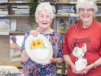 Beaudesert Potters founding president Hilary Rains and current president Ruth Armstrong