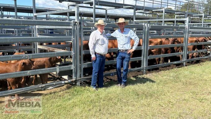 David Jackson of Blue Range Investments, Tarome, pictured with Bartholomew & Co agent Garth Weatherall, sold Santa cows and calves for $1,650