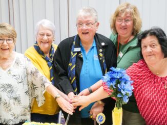 Probus Beaudesert new member Penny Sherrin, Life Member Lyn Dickman, Probus Queensland President Carwyn Arnold and new members Karen Lane and Gae Slater