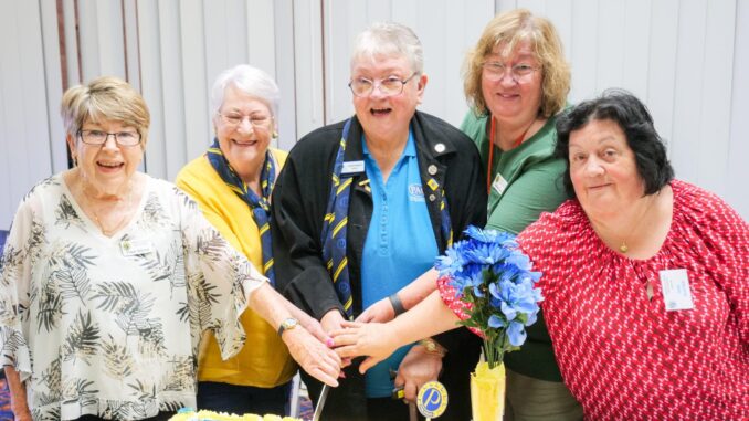 Probus Beaudesert new member Penny Sherrin, Life Member Lyn Dickman, Probus Queensland President Carwyn Arnold and new members Karen Lane and Gae Slater